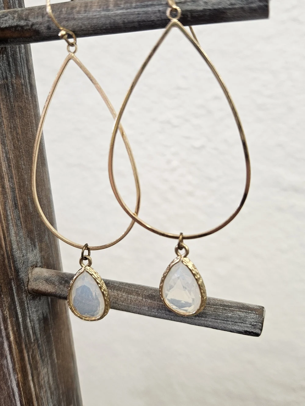 Gold Teardrop Hoop Earrings with White Teardrop Gem